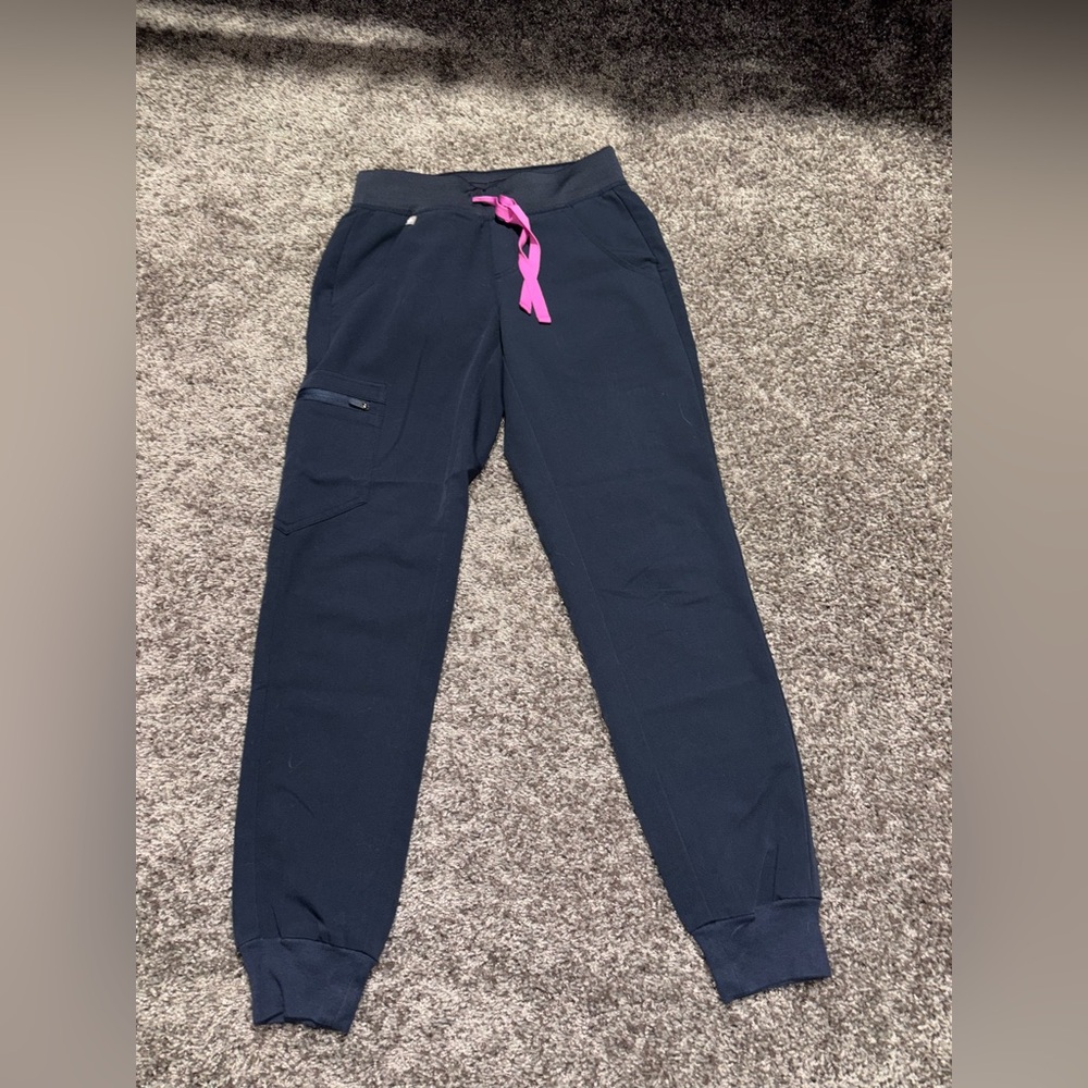 Figs Dark Blue Joggers with Bright Pink Tie